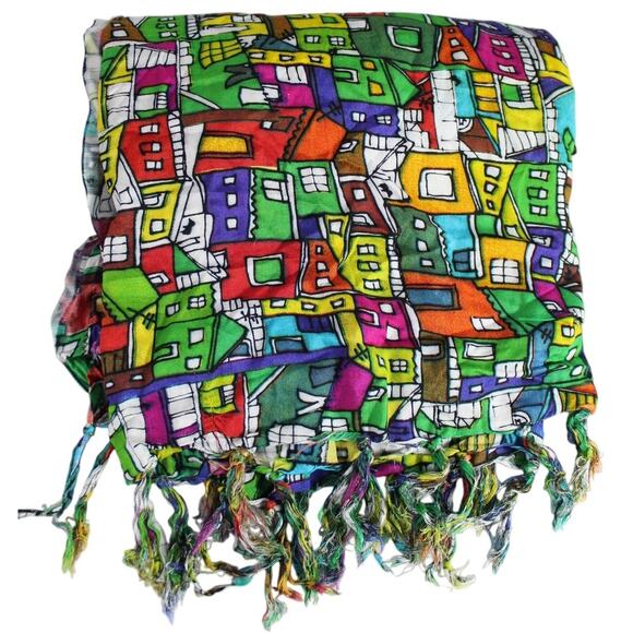 Bali Blue Original Rio Brazil Scarf colorful stacked houses art to wear sarong - Picture 1 of 3